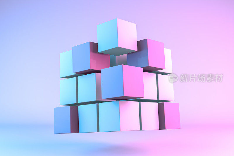 3D渲染立方体块与霓虹灯