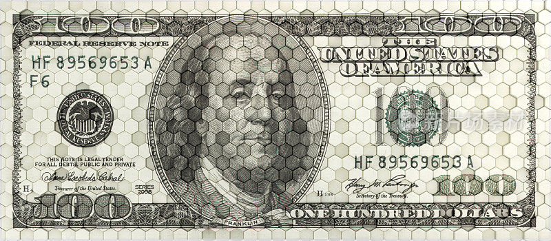 百元美钞和六角形背景。商业和金钱3d插图。100美元的壁纸。