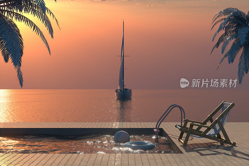 夏季概念与游泳池，海，沙滩椅，棕榈树和帆船