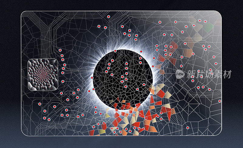 IC卡和电子电路及地图。背景是象征未来的日食和日冕。
