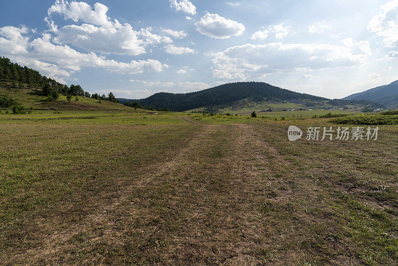 丘陵高原表面覆盖着草地和森林，无人机拍摄