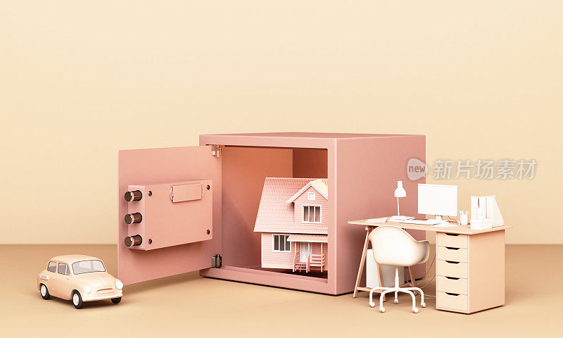 考虑家庭，汽车和工作与一个打开的粉红色柔和的颜色的概念生活3D渲染