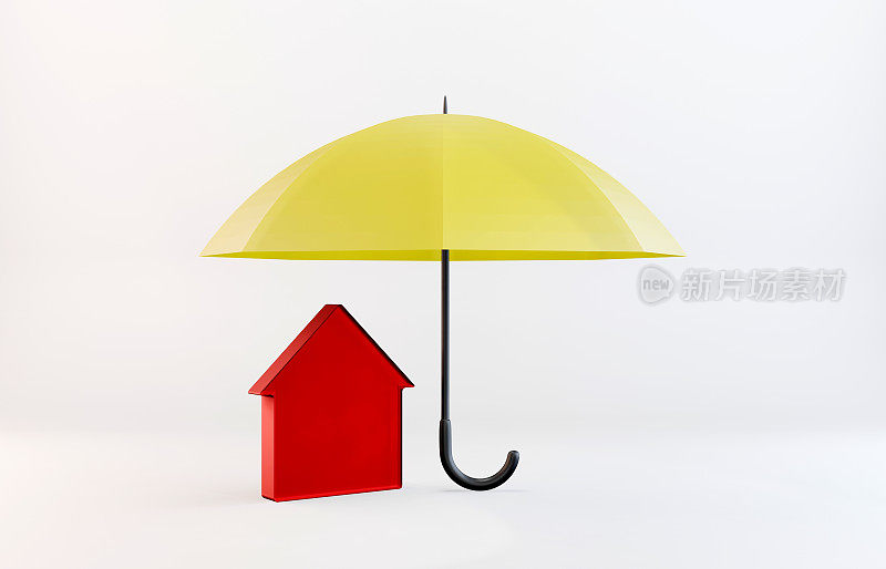 房屋保险的概念。红房子的图标站在黄色的伞下。
