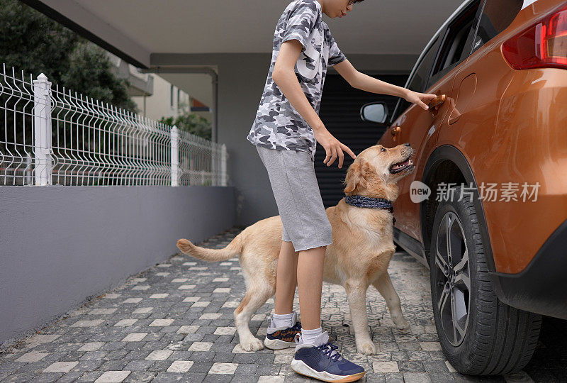 小男孩准备带着他的狗去兜风