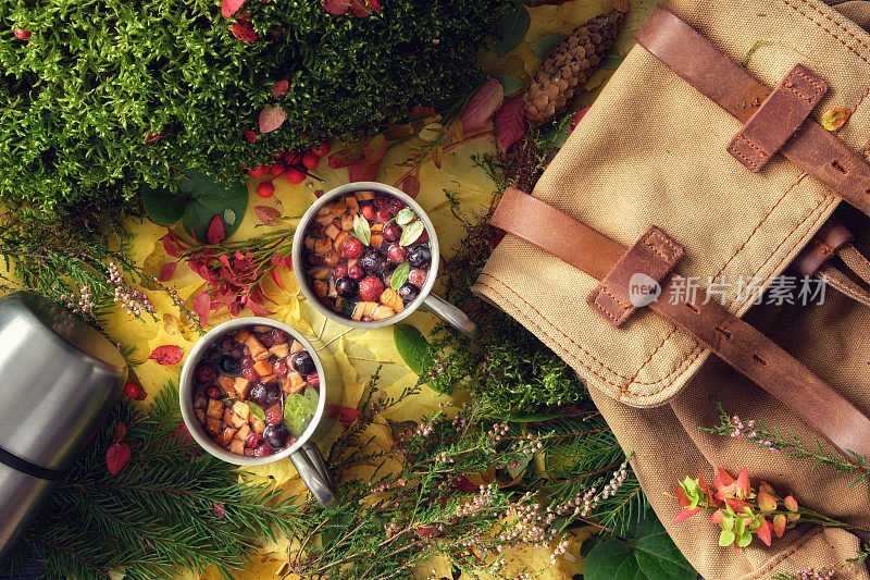 徒步旅行的健康水果茶杯，旅行者的背包，保温瓶，秋天的落叶，森林苔藓，石南和云杉的小枝，俯视图，平躺。