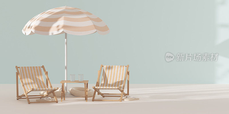 夏天的美学背景。沙滩椅，充气环，太阳伞，彩色人字拖。