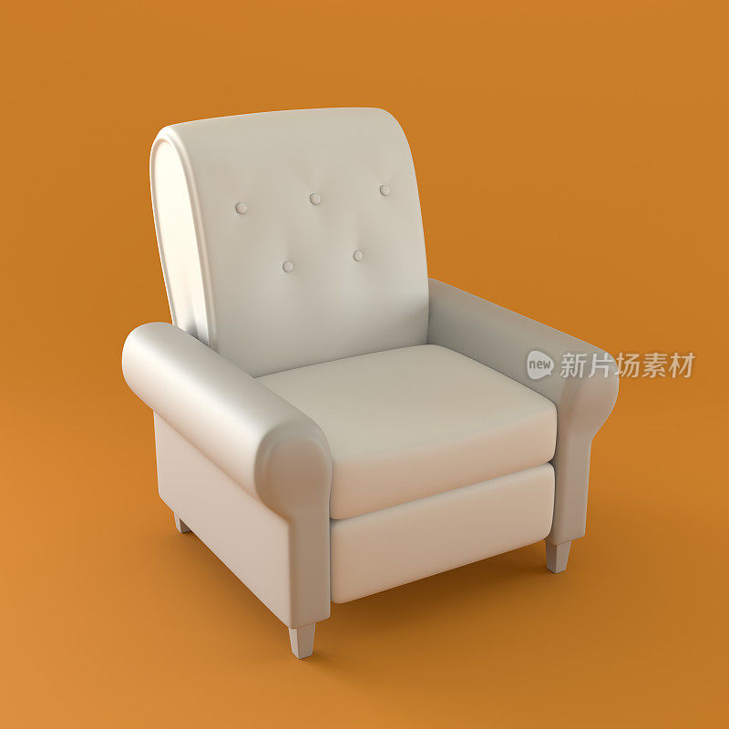 橙色背景上的等距白色躺椅，3d渲染