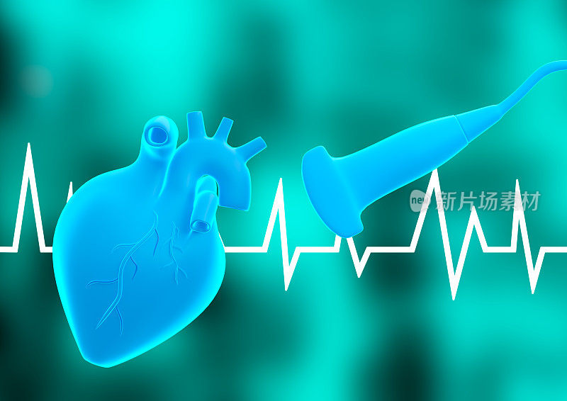 男性心脏超声心动图检查。人体的蓝色全息图