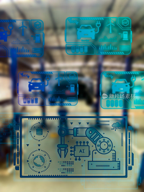 虚拟屏幕上的全息图与图标，汽车工厂工业中的智能工厂技术接口