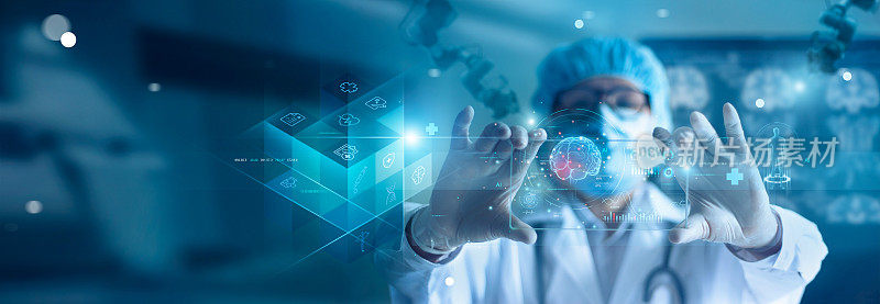 医生用计算机和人工智能诊断和检查大脑测试结果，实验室虚拟界面上的机器人，科学和医学的创新技术。