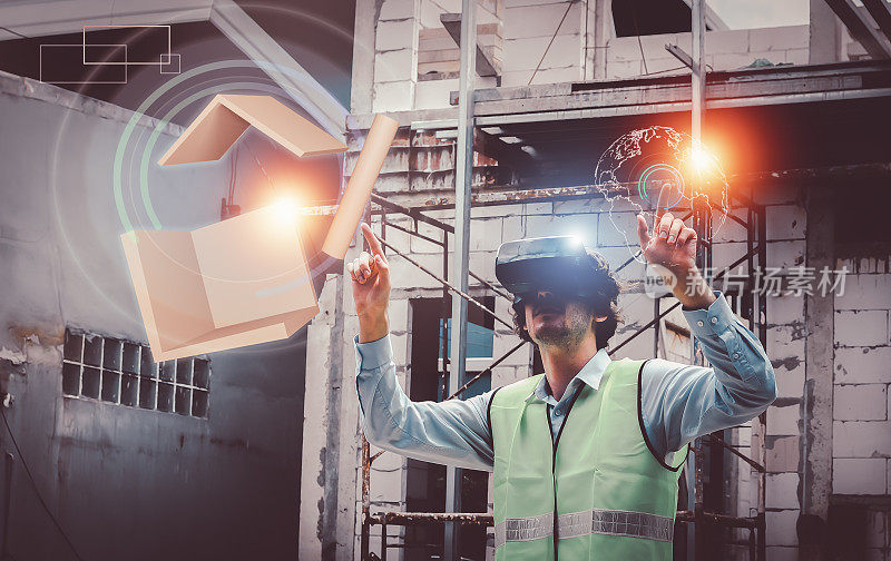 土木结构工程师佩戴VR虚拟现实眼镜，站在工作现场分析、修复、固定建筑结构、计算、使用具有功能的系统。技术的概念。