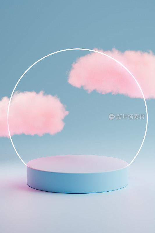 背景3d渲染与讲台和最小的云白色场景，最小的云抽象背景3d渲染几何形状粉红色粉彩讲台。舞台和云3d渲染