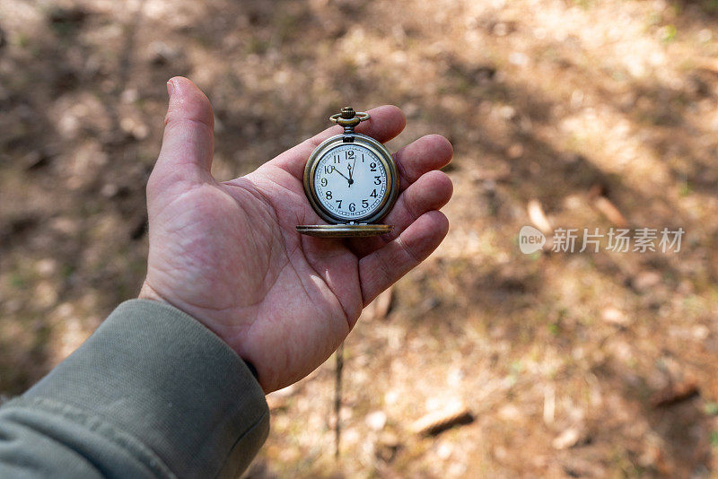 老式怀表放在男性的手掌上