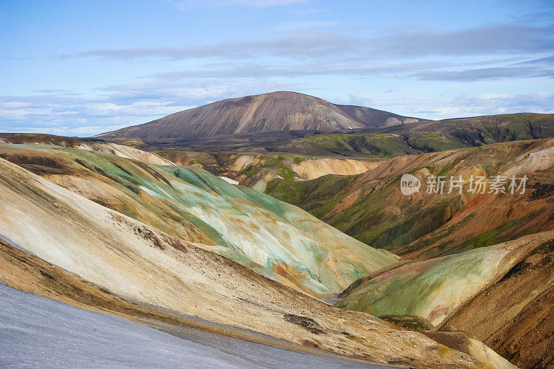 冰岛Laugevegur步道起点的Landmannalaugar周围起伏的、色彩斑斓的山脉