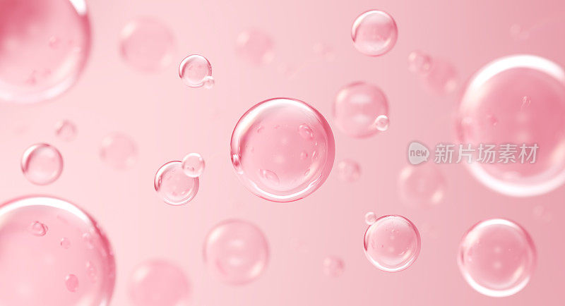 粉红水胶原蛋白精华或精华泡沫，谷氨酸和维生素美容护肤，3d渲染。