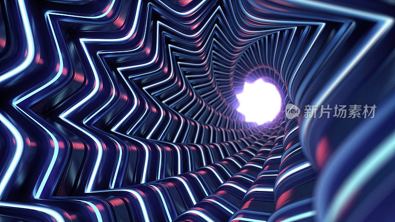 抽象的高科技隧道通向明亮的光线。未来技术理念