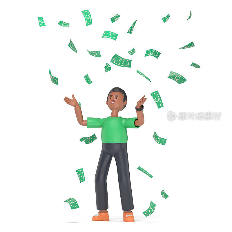 3D插图英俊的非洲人大卫庆祝成功站在钱雨钞票现金下降。成功的概念，成就。白色背景的3D渲染