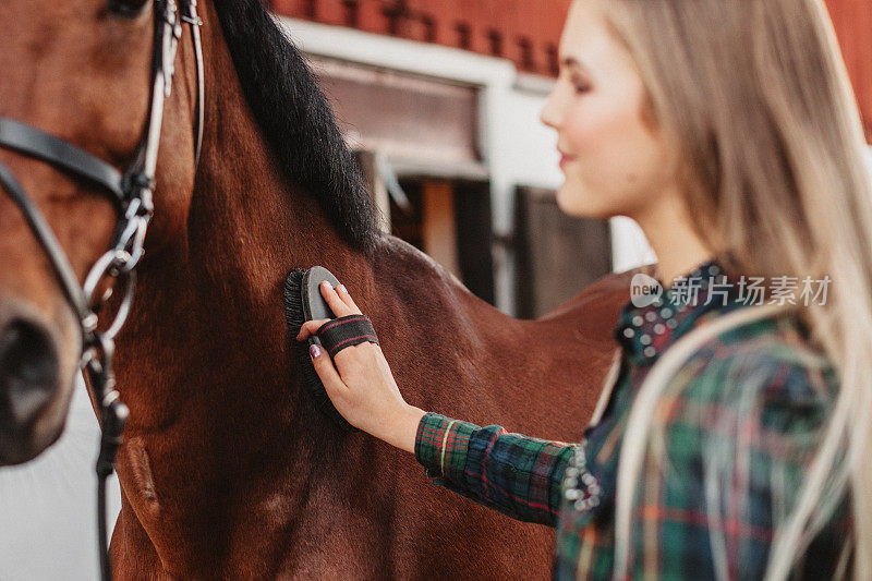 年轻女子在马厩梳理她的马