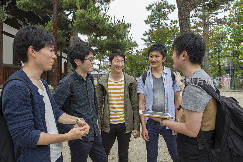 年轻的日本学生参观寺庙与朋友在日本京都