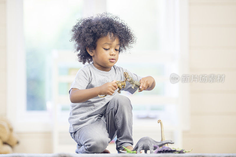 小男孩在玩玩具恐龙