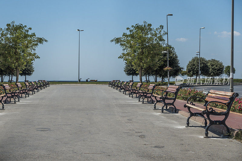 空旷的公园道路两边的空长椅