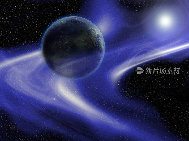 3D渲染行星在蓝色等离子场