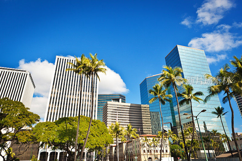 美国夏威夷檀香山瓦胡岛的市中心金融和商业区