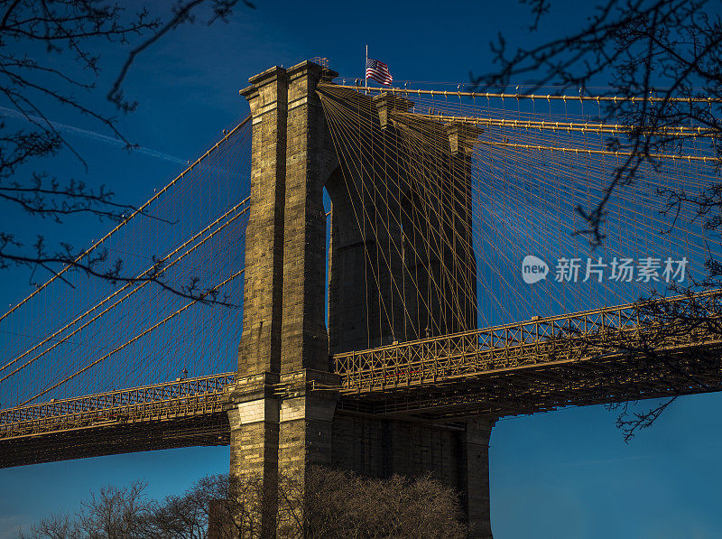 低角度的布鲁克林大桥在纽约市，纽约，美国