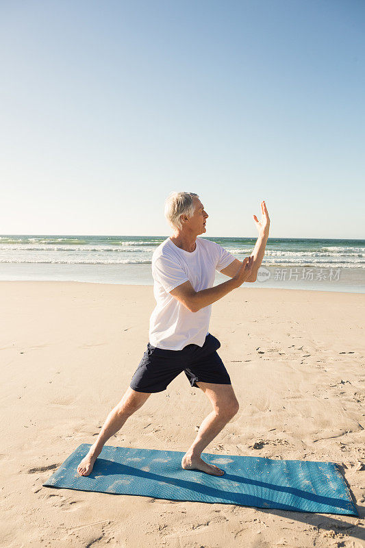 全身活动的老年人在海滩上练习瑜伽
