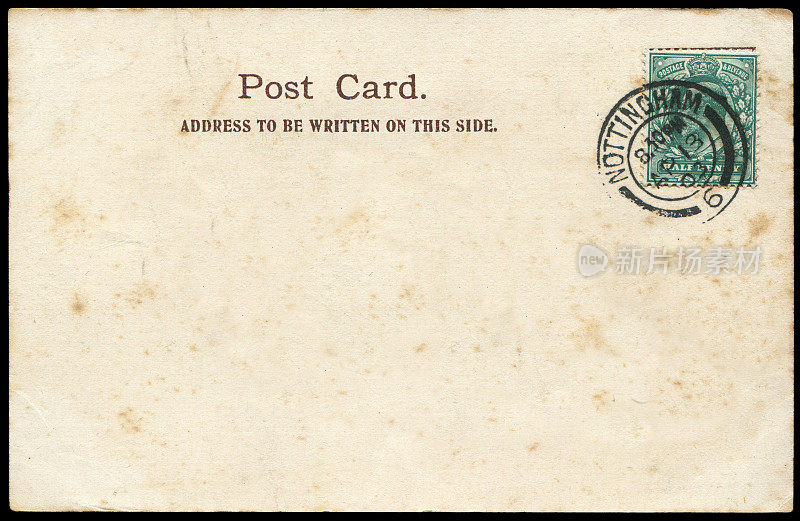1908年从英国诺丁汉寄出的带有邮戳和空白内容的老式明信片，对于英国历史上的明信片通信来说是一个非常好的背景。