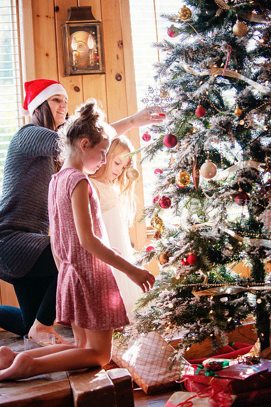 和家人围坐在圣诞树旁的节日季节