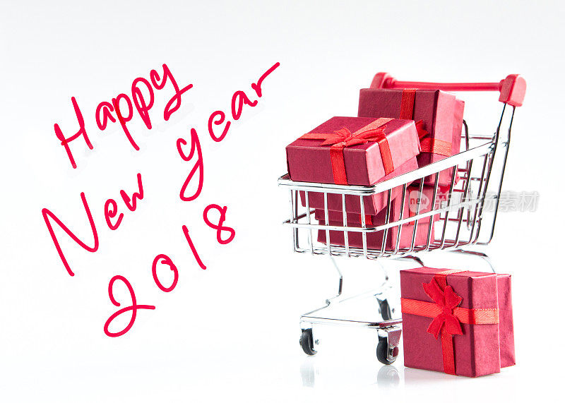 迷你购物车，红色礼品礼盒，文字书写新年快乐2018