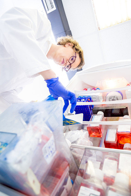 研究人员整理实验室，寻找组织培养的生长培养基和缓冲溶液