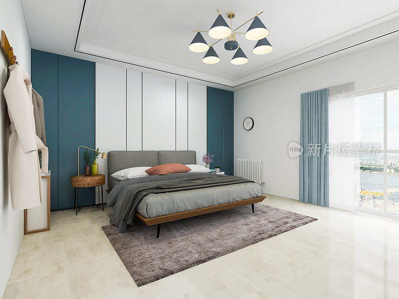 宽敞现代的卧室设计，地毯在地板上，电视在前墙上和地板到天花板的窗户