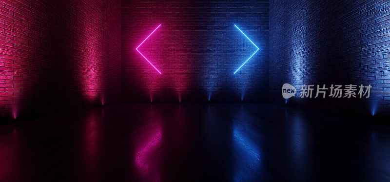 霓虹发光的紫色蓝色仓库地下车库隧道走廊箭头形灯指针工作室俱乐部舞蹈混凝土砖墙空3D渲染