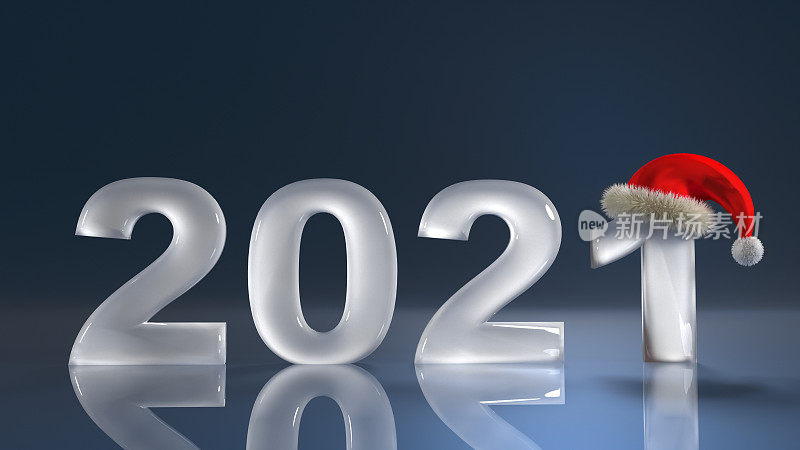 新年概念2021圣诞老人帽子上的冰数字