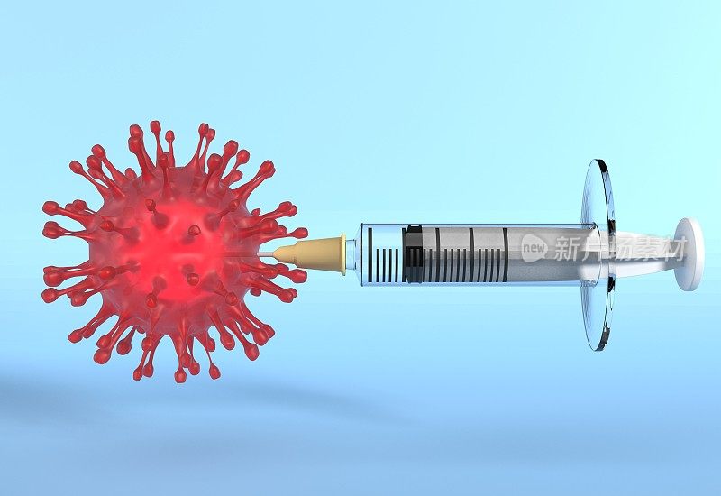 蓝色背景下医用注射器注射新冠肺炎疫苗剂量