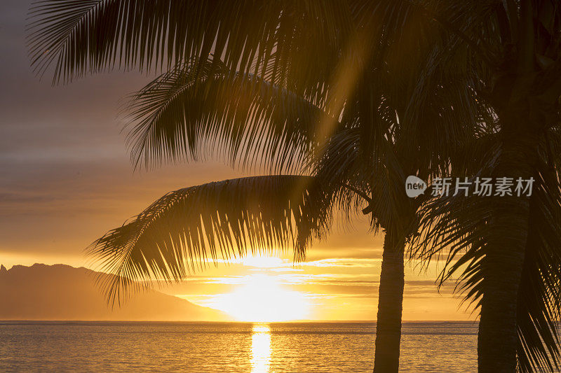 日落时分从帕皮提的海滨俯瞰莫欧里亚岛。