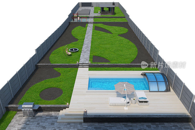 住宅游泳池甲板与完整的后院景观，3D插图
