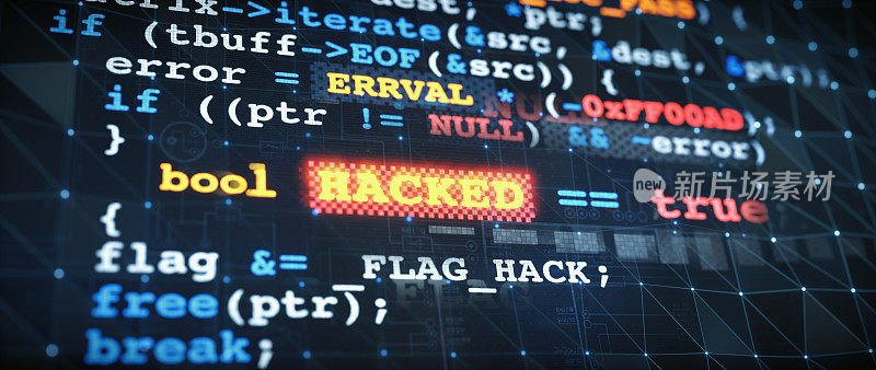 虚拟现实图形界面用计算机程序源代码，“黑”字和一个发光的网格图案叠加。抽象计算机犯罪或数字安全系统的表示。
