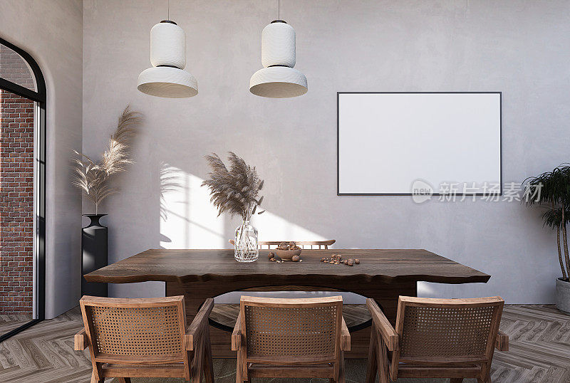 模仿海报框架在现代室内装修齐全的房间背景，餐厅