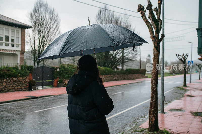 在下雨天带伞的女人的后视图