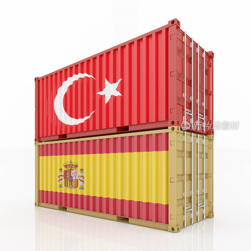 土耳其和西班牙国旗彩色集装箱的国际贸易概念