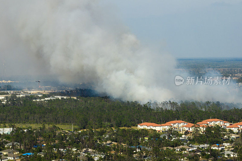 从上空俯瞰佛罗里达州北港市严重燃烧的大火。森林里炽热的火焰和有毒的烟雾污染了大气