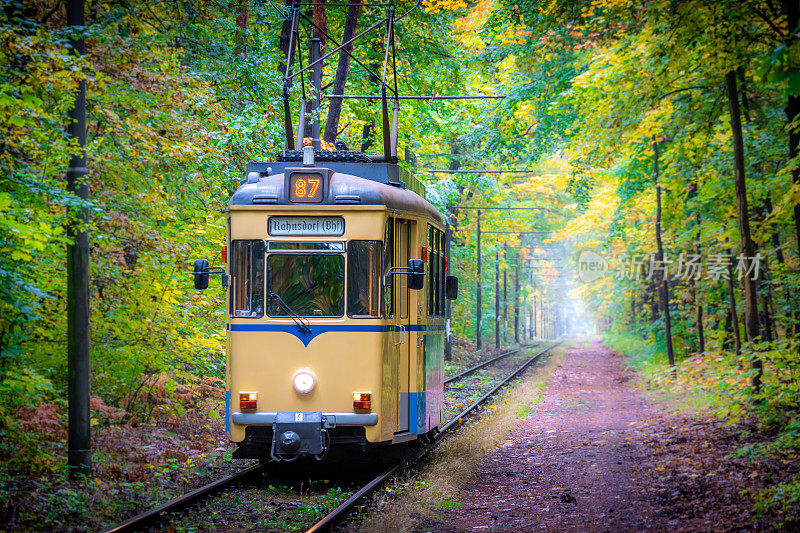 柏林朗斯多夫森林中历史悠久的有轨电车的正面视图