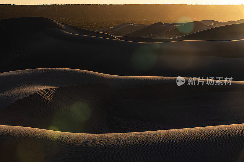 日出投下阴影在独特形状的金色沙漠沙丘与镜头耀斑