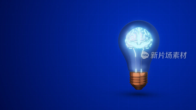 在蓝色背景的灯泡中发光的人类大脑