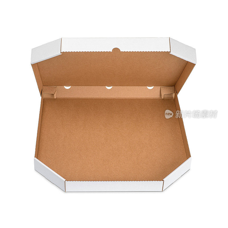 空开棕色纸板箱的披萨隔离白色。食品要去包装。