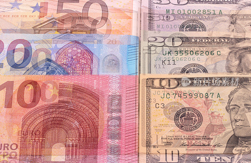 货币背景美元和欧元不同的面额。