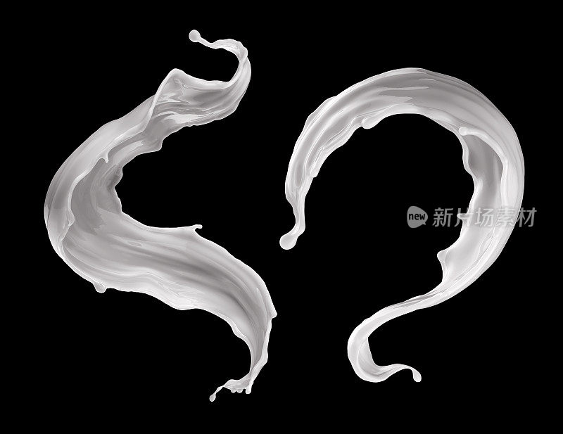3d渲染，数字插图，牛奶，动态液体飞溅，白色波浪，孤立在黑色背景